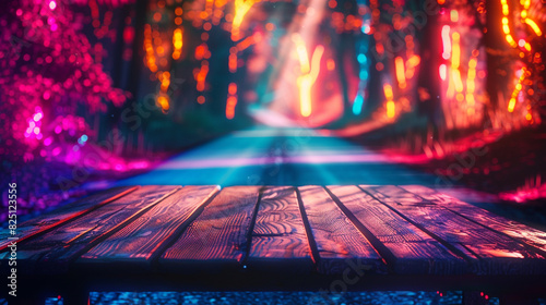 A wooden table set on a shadowy path, the road cloaked by a vivid and blurry neon light spectacle.