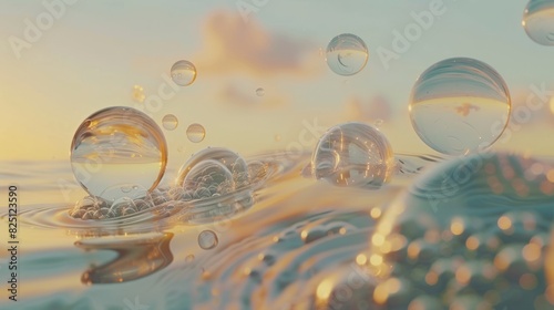 An exquisite visual of liquid bubbles containing cosmetic essence, each bubble showcasing a delicate molecule swirling within, against a serene water background, 