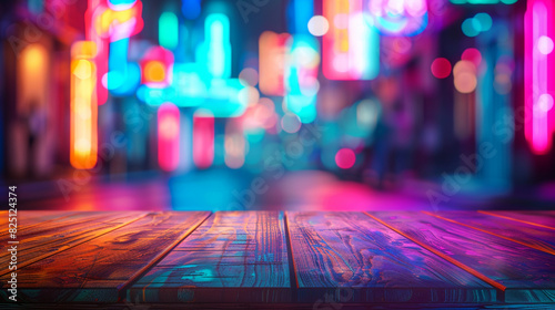 A wooden table set against a fusion of blurred neon lights, the street nearly invisible under the vibrant luminescence.