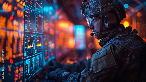 Military Soldier Working On Computer In The Dark