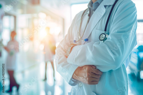 Doctor Standing in a Busy Hospital Corridor During Daytime Shift