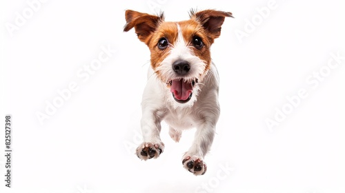 Jack Russell terrier jumping up with excitement on a white background