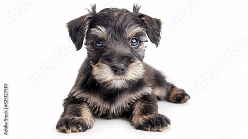 Cute schnauzer puppy with a curious look on a white background