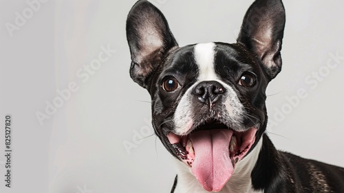 Silly Boston terrier with its tongue out on a white background