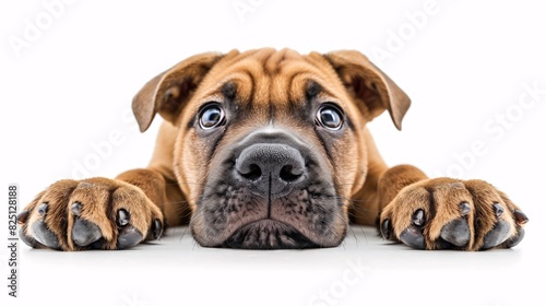Playful mastiff puppy with big paws on a white background