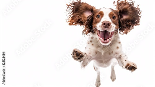 Cheerful springer spaniel jumping for joy on a white background