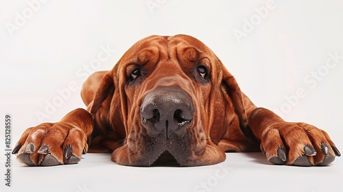 Silly bloodhound with a goofy expression on a white background
