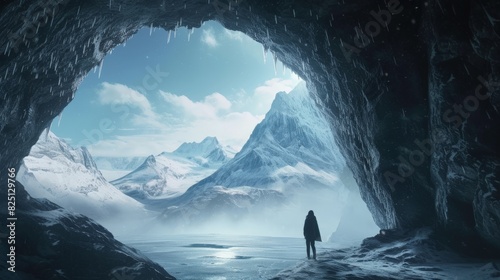 A girl standing at the entrance of the majestic Big Four Ice Caves, gazing in awe at the towering ice formations glistening in the sunlight. 