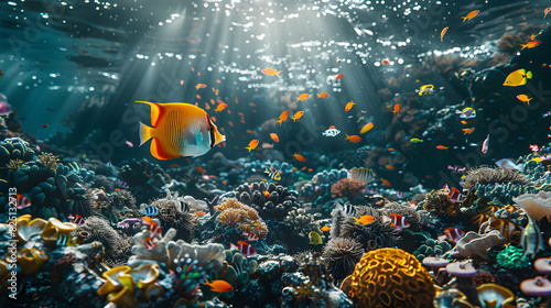 Photo realistic Coral Reef Bleaching: High res Image of Bleached Coral Reefs with Colorful Fish Against Glossy Backdrop Depicting Effects of High Carbon Emissions Ocean Acidifica
