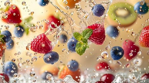 Vibrant image of fresh raspberries, blueberries, and kiwi slices splashing into water, capturing the freshness and juiciness of the fruits.