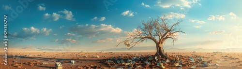 A withered tree in a barren desert with torn banknotes nearby, financial distress concept, highresolution, crisp and dramatic, professional image.