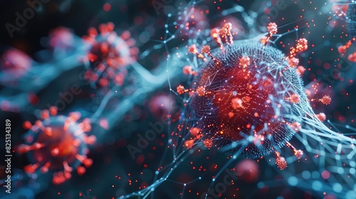 Virus particles infecting a computer system, Glowing Wireframe, SciFi Style, Dark Background, Illustration, Highlighting cyber infections