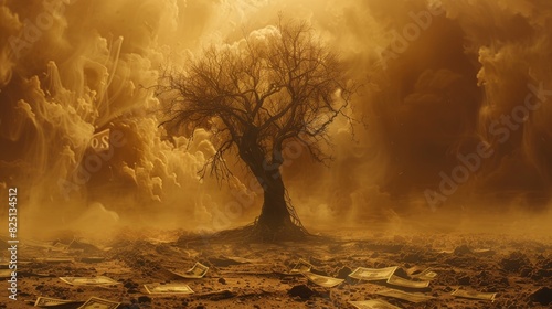 A withered, leafless tree in a sandstorm with old banknotes around it, financial ruin theme, highresolution, sharp detail, dramatic and professional image.