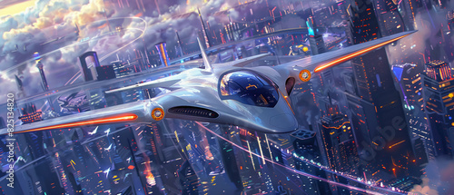 Concept of a futuristic personal aircraft, sleek and streamlined design, soaring above a sprawling cityscape, glowing trails, intricate detailing, vibrant and dynamic atmosphere