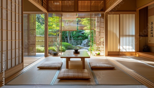 A traditional Japanese living room with tatami mats, sliding doors, and wooden furniture,