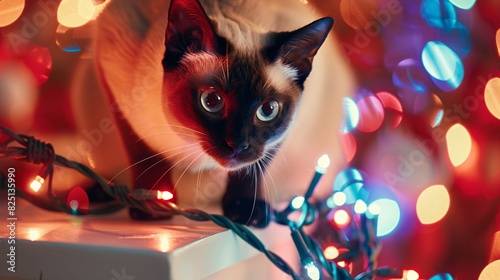 A mischievous Siamese cat, perched precariously on the edge of a white table, batting playfully at a dangling string of Christmas lights.