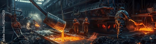 Operation workers in a foundry pouring molten metal, heavy industry, photorealistic, glowing and dark