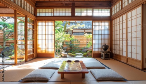 A traditional Japanese living room with tatami mats, sliding doors, and wooden furniture,