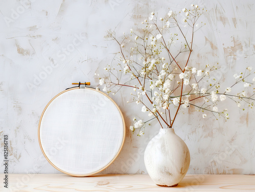 White wooden embroidery hoop with simple white fabric on it