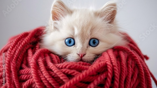 A fluffy white kitten with bright blue eyes, peeking out from behind a giant red ball of yarn, its pink nose barely visible against a white background.
