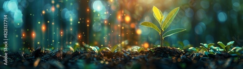 A seedling sprouting in a forest with an upward financial graph in the background, symbolizing economic growth, high resolution, sharp detail, vibrant and professional stock photo.