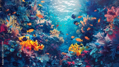 A colorful underwater scene with many fish and coral generated by AI