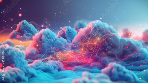 Illustration of a cloud network with a 3D model and an energetic, colorful design