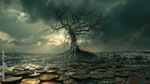 A dead tree with rusted coins around it, symbolizing economic ruin, highresolution, bright and clear, dramatic and professional stock photo.