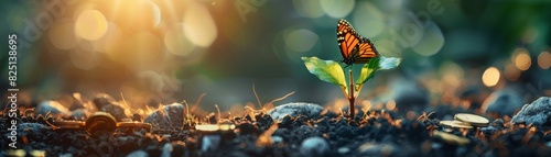 A new seedling growing with a butterfly perched on it and gold coins nearby, representing economic success, highresolution, clear and colorful, sharp and professional image.