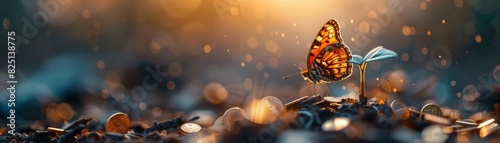 A small seedling with a butterfly perched on it and gold coins surrounding, representing economic prosperity, sharp and vivid, highquality, clear and colorful image.