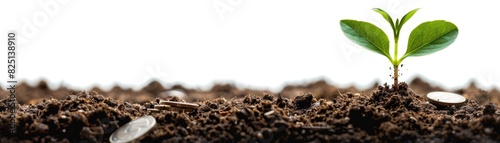 A fresh seedling emerging from moist soil with scattered coins, representing financial growth, isolated on a white background, copy space, highdefinition, clear and vibrant.