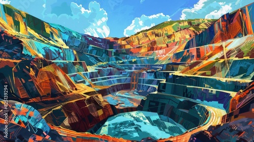 Illustration of an openpit gold mine with a colorful landscape