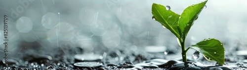 A fresh seedling receiving water droplets with coins nearby, symbolizing financial growth, isolated on white background, copy space, highdefinition, crisp and clear image.