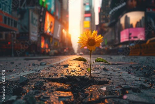 Una hermosa flor está brotando de una grieta en una calle de Times Square, Nueva York, la naturaleza se abre paso en la ciudad