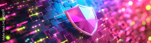 Photo of a 3D risk management shield icon on a colorful, digital background
