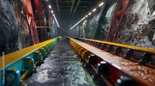 Photo of a colorful conveyor belt transporting gold ore in a mine