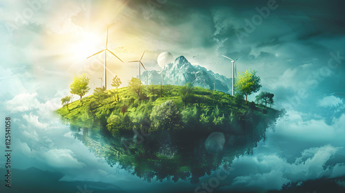 Photo realistic green energy infographic: High resolution glossy design showcasing wind, solar, and hydro sources for educational and promotional use