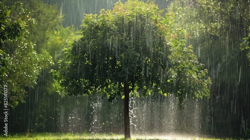 Rain is falling down from a sizable tree situated at the center of the garden