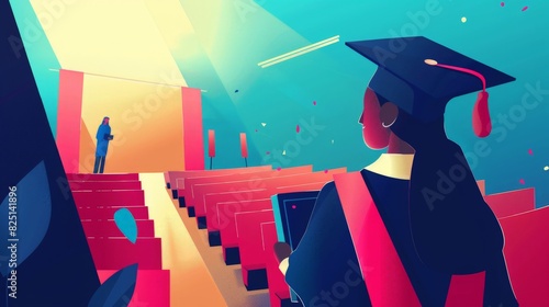 A 2D flat style illustration of a graduation stage, with a graduate character receiving their diploma, emphasizing the moment of recognition and achievement in a simple design.