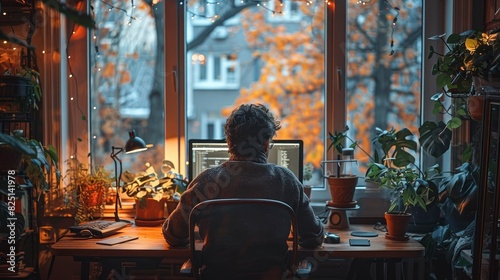 Man in home office with large window and plants, working on computer