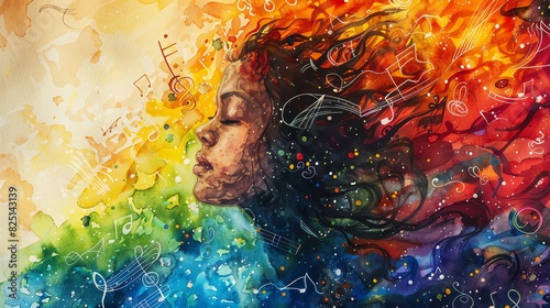 Musical Rainbow A person surrounded by a rainbow of watercolor music notes and swirls, smiling in delight