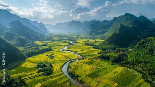 aerial landscape of phong nam valley with winding river rice fields and mountains extreme scenery in vietnam