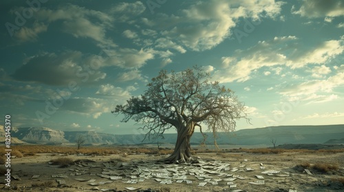 A leafless tree in a desolate desert with torn banknotes scattered, financial ruin theme, highresolution, sharp detail, dramatic and somber image.