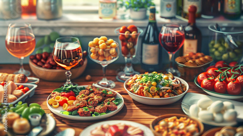 Italian cuisine spread with pasta, vegetables, and various dishes