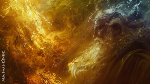 dramatic shot of moses before the burning bush face illuminated by divine presence digital painting