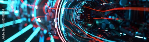Render a detailed cross-section of a futuristic engine. The engine is powered by a combination of magic and technology. Blue and red glowing energy coils surround the engine.