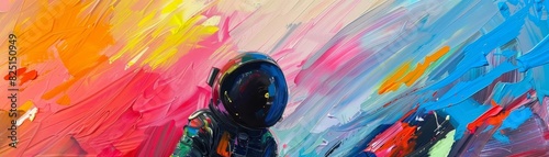 An astronaut is standing on a colorful planet. The astronaut is looking at the ground. The planet is covered in colorful clouds.