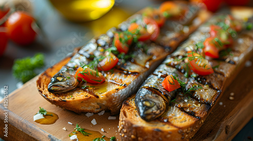 Luxurious and Delectable Spanish Sardines on Crispy Toast with Olive Oil and Herbs Photo Realistic Concept