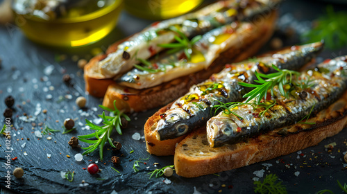 Photo realistic concept of glossy Spanish sardines on toast Luxurious appetizer with crispy toast, drizzled olive oil, and herb garnish for a delectable Spanish experience