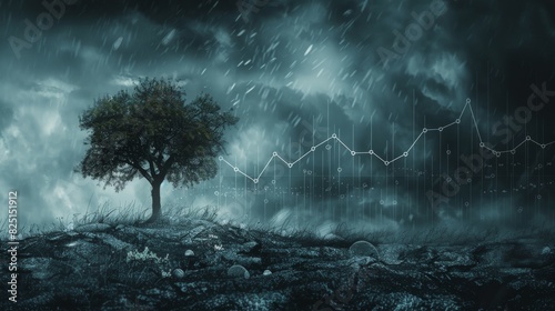 A leafless tree under a dark, cloudy sky with a downward financial graph, financial downfall concept, highresolution, crisp and dramatic, professional image.